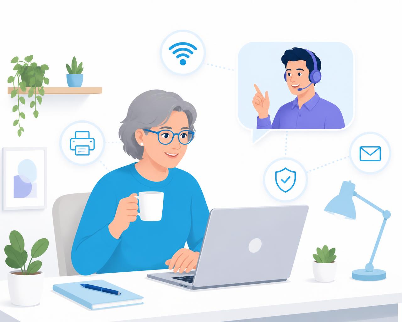 Home computer user getting friendly remote IT support on a laptop
